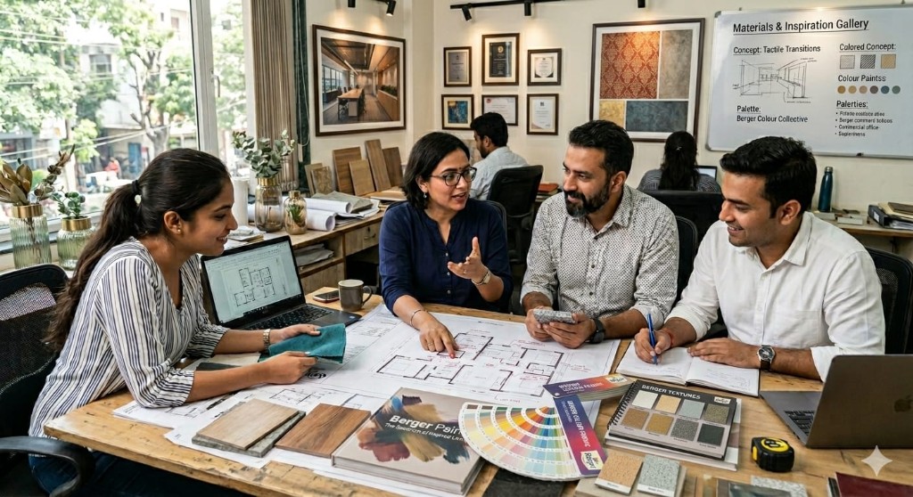 Dreamwall design team reviewing floor plans and material samples
