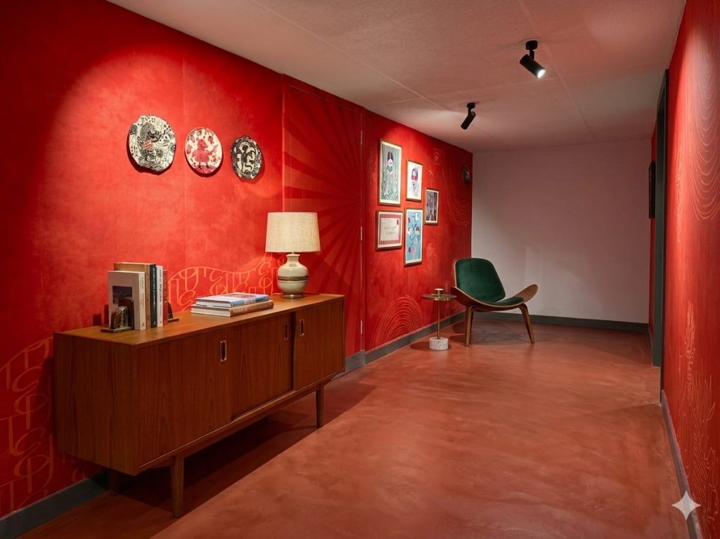 Bold red accent wall with curated art and decorative plates
